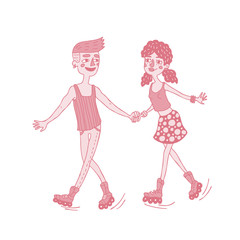 Happy young couple roller skating together. Valentine's Day illustration. Red and pink colors