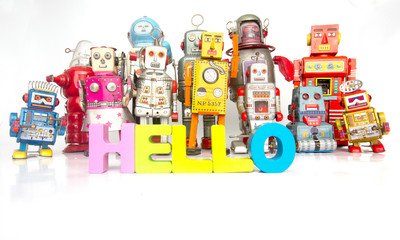 Big Family of robots with thw words HELLO
