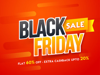 Sticker style text Black Friday with flat 60% and extra 20% discount offer on glossy red background. Advertising poster or template design.