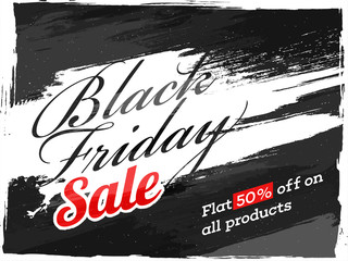 Creative poster or banner design with 50% discount offer for Black Friday Sale.