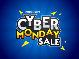 Sticker style text Cyber Monday Sale with abstract elements on blue ray background. Advertising poster or template design.