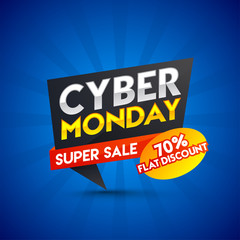 Naklejka na ściany i meble Super sale ribbon or tag with flat 70% discount offer on blue ray background for Cyber Monday sale.