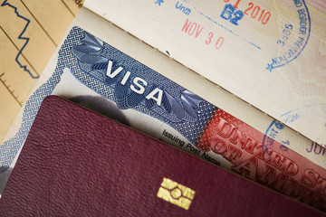 Close up of American Visa on passport, official document mandatory for tourists on USA
