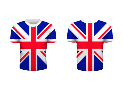 Realistic sport t-shirt with Great Britain flag from front and back isolated on white