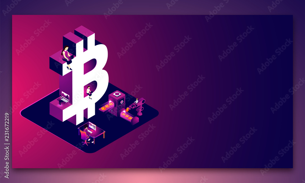 Poster miniature people working together with 3d sign of bitcoin on glossy background for crypto mining con