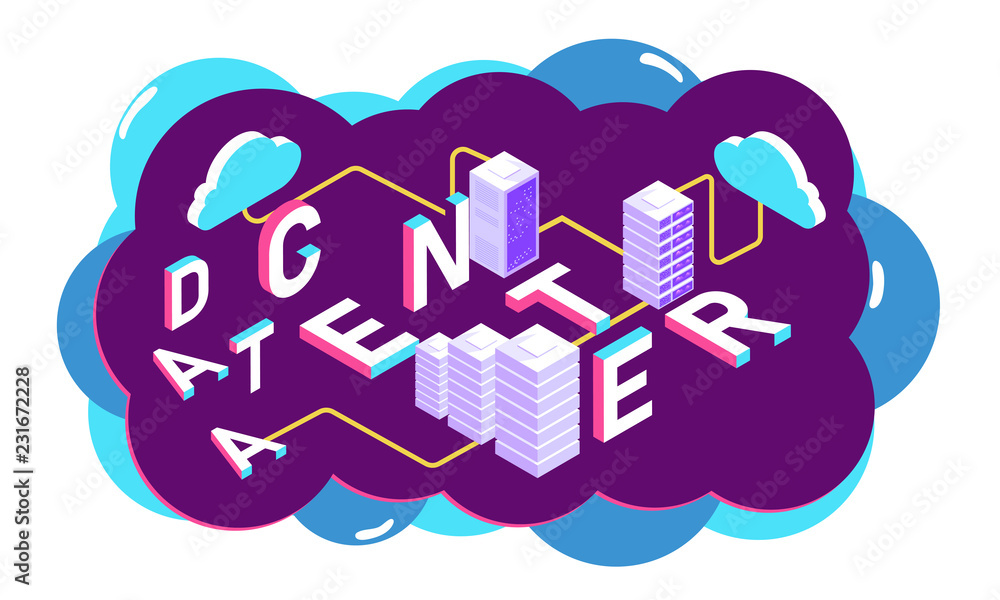 Poster data center concept, 3d illustration of cloud servers connect to local servers on abstract backgroun