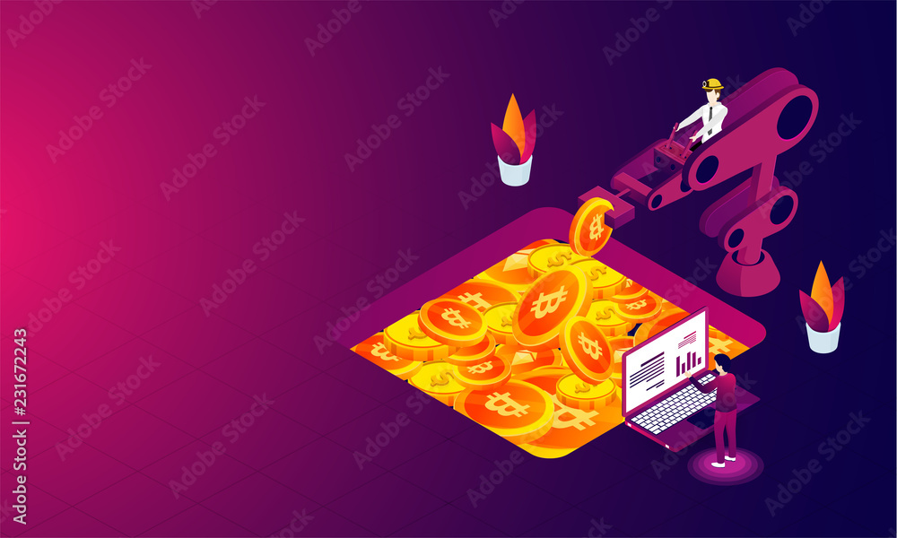 Poster crypto mining concept based isometric design, man working with robotic arm on glossy background.