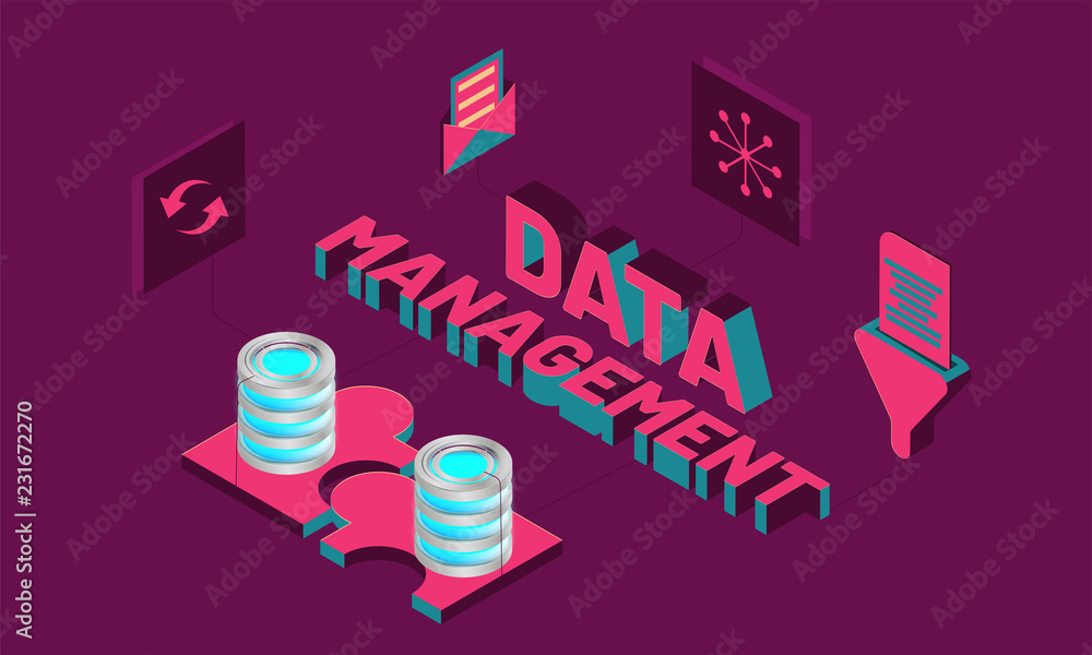Poster 3d text data management with multiple business equipments and database, isometric design for data st