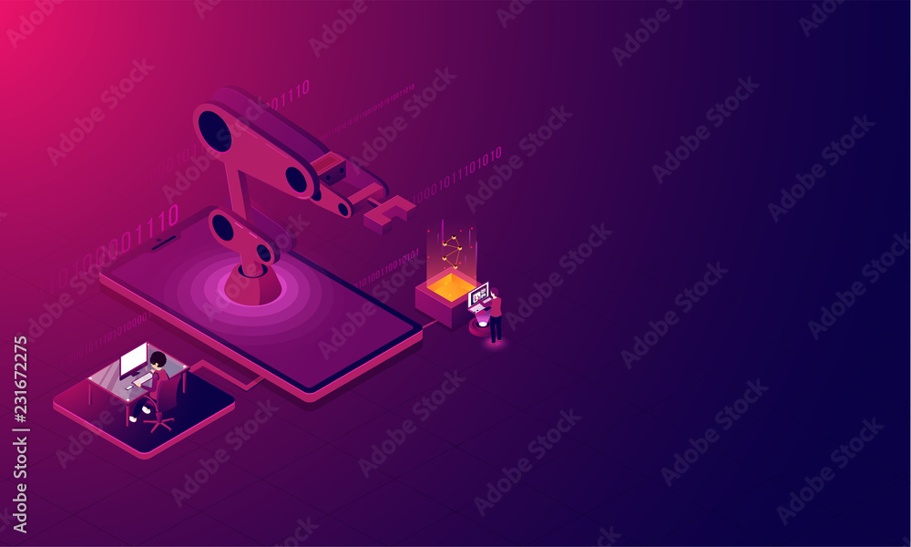 Poster isometric illustration of crane on smartphone, analyst analysis the data on desktop for software dev