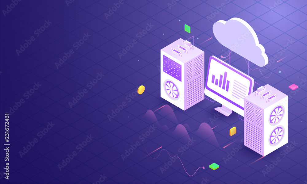 Aufkleber local server connected to cloud server and desktop on shiny blue grid background, isometric design c