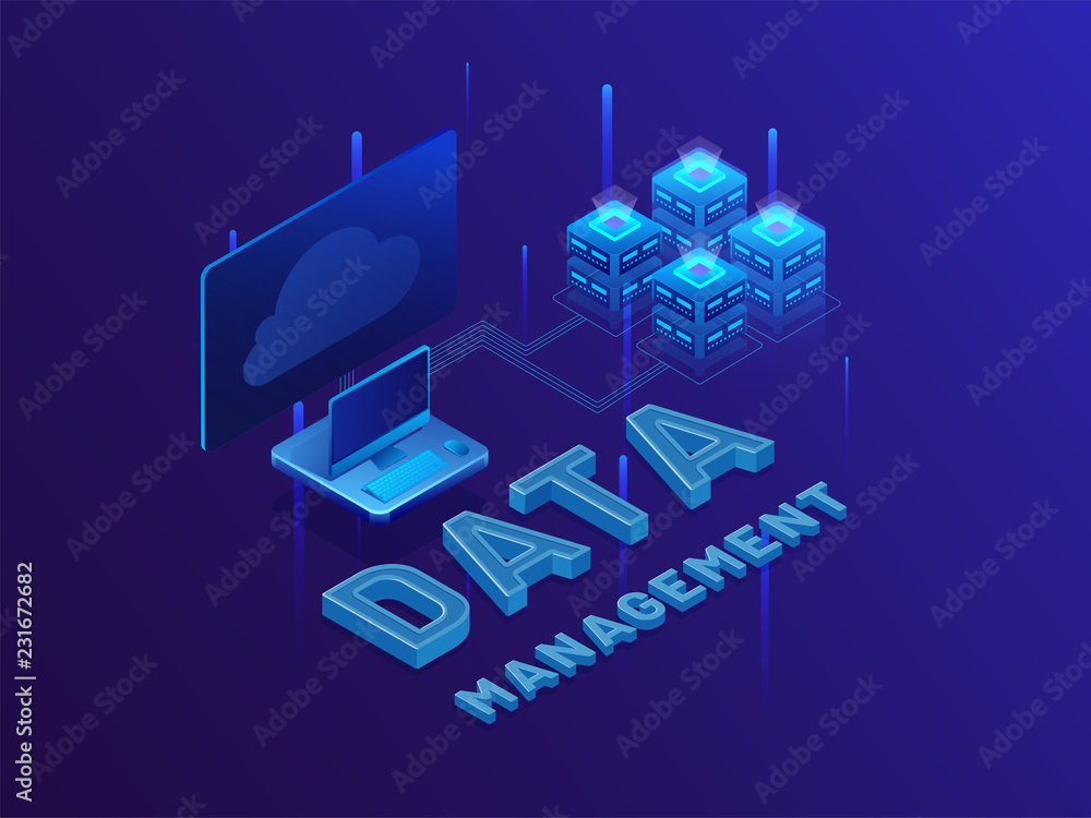 Poster 3d text data management with web servers and desktop on shiny blue background, isometric design for 