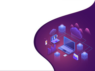 3D illustration of web servers and cloud server connected to laptop with other business elements on purple background for data management concept based isometric design.