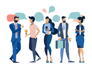 Obraz premium People work team conversation with blank text bubbles. Business work situation in flat style. Cartoon vector illustration
