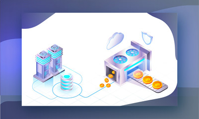 Virtual to real money exchange, crypto server connected to data base for Cryptocurrency Exchange concept based isometric design.