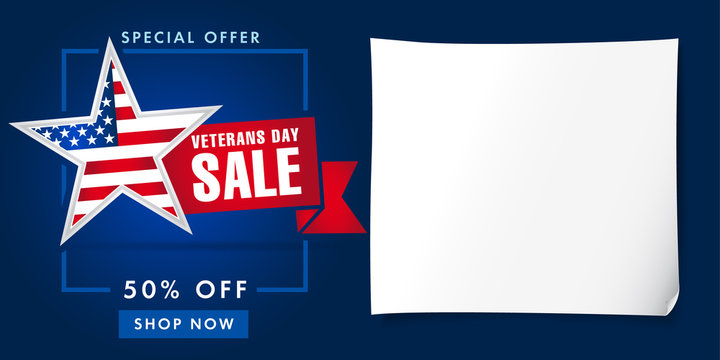 Veterans day USA, sale poster. Special offer star shape for veterans day, 50% off, shop now background. Discount vector banner