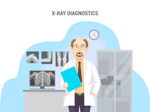 X-rays, computer and cabinet. Caucasian male doctor