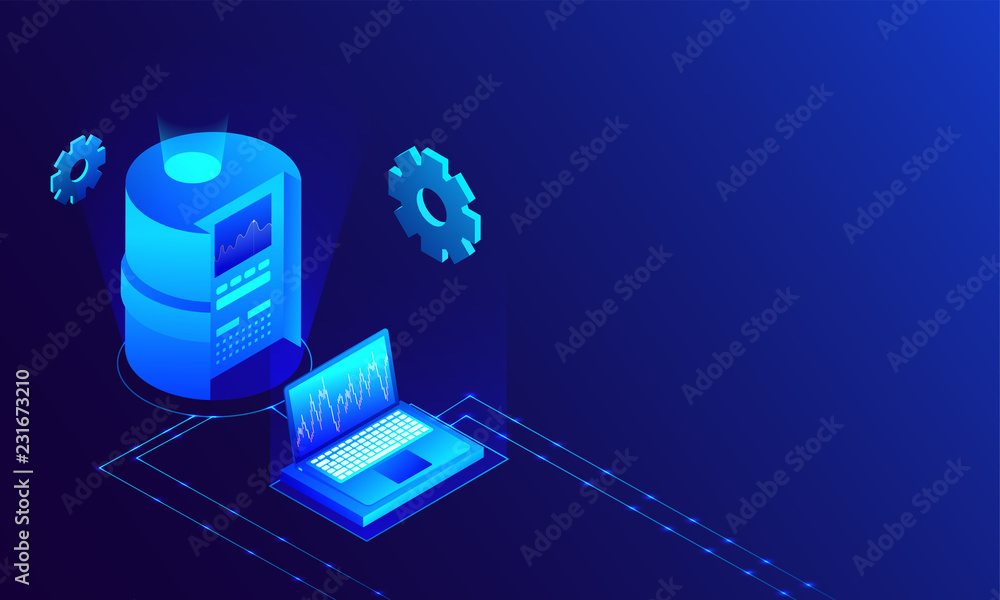 Poster isometric illustration of database connected with laptop on glossy blue background for data center c