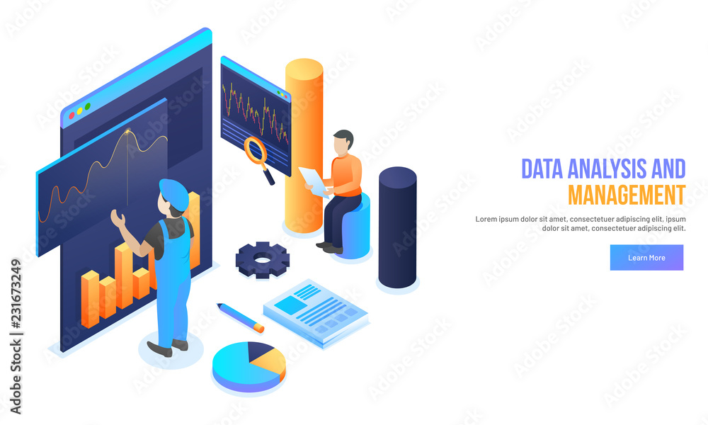 Poster data analysis and management concept with isometric illustration of miniature business people mainta