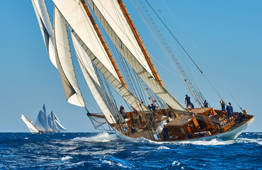 Naklejka premium Sailing yacht race. Yachting. Sailing. Regatta. Classic sail yachts