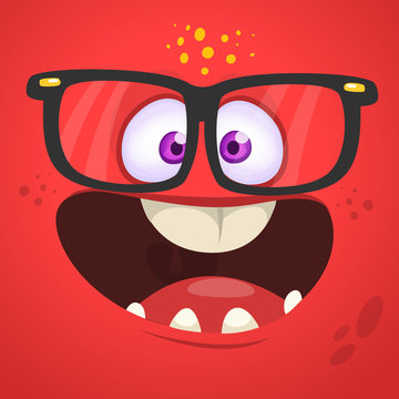Cartoon monster face wearing glasses. Vector illustration
