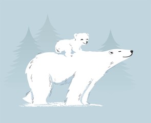 Naklejka premium Niedźwiedź polarny mama i młode na plecach. Ilustracji wektorowych