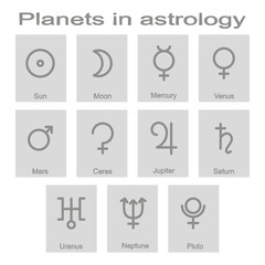 Set of monochrome icons with symbols of planets in astrology for your design