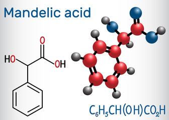 Mandelic acid molecule. Structural chemical formula and molecule model