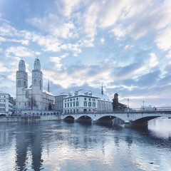 Fototapeta premium Old Zurich town in winter, view on lake