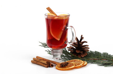 Winter hot drink with spices isolated on white background
