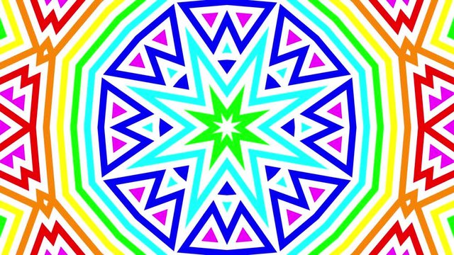 A geometric repeating mandala animation, a moving soothing pattern of shapes converging into a center. Theme: rainbow stripes.
