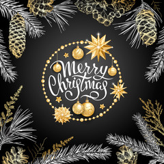 Merry Christmas card with realistic golden balls, stars in round frame. Sketch of different branches of fir tree, cedar, pine, hawthorn and cones on black background. Elegant lettering