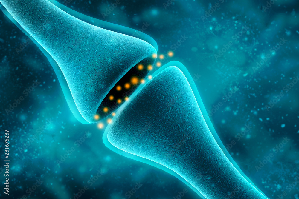 Poster synapse and neuron cells sending electrical chemical signals. 3d rendering