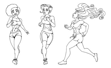 Set of sport beautiful girls running on a white background
