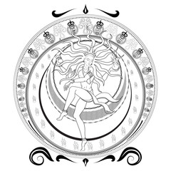 Indian Lord Shiva Nataraja dancing tandava in a circle of fire vector illustration lineart