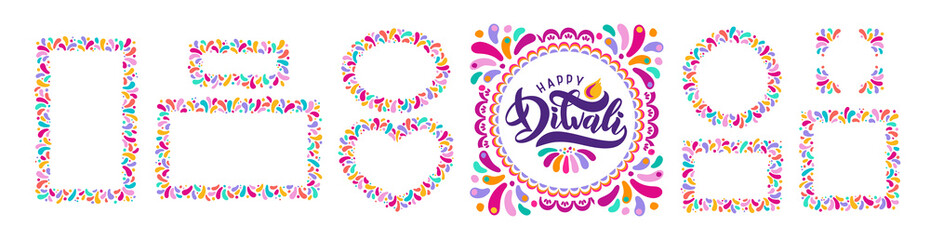 Bright festive vector text Diwali, Set of Decorative ornament rangoli frames, borders. Lettering Indian festival Divali.