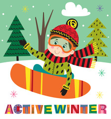 winter poster with boy on snowboard  - vector illustration, eps