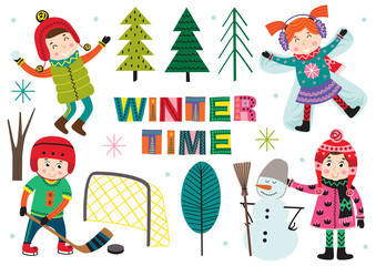 set of isolated winter time with kids part 2  - vector illustration, eps