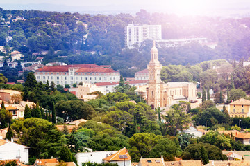 Fototapeta premium Panorama of Nimes downtown and churches, France