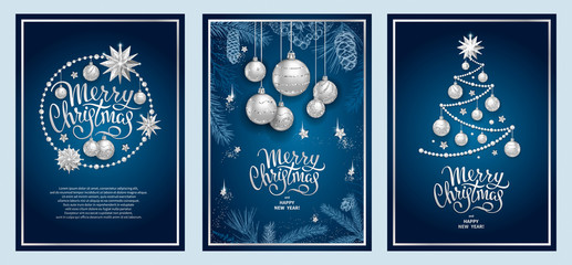 Set of three card Merry Christmas and Happy New Year. Christmas tree, silver glass balls, stars, sequins and elegant lettering on blue background. Sketch of branches fir tree, cedar, pine and cones - 231677832