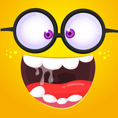 Funny cartoon monster face with eyeglasses. Vector Halloween monster square avatar