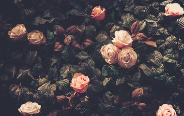 Artificial Flowers Wall for Background in vintage style - obrazy, fototapety, plakaty
