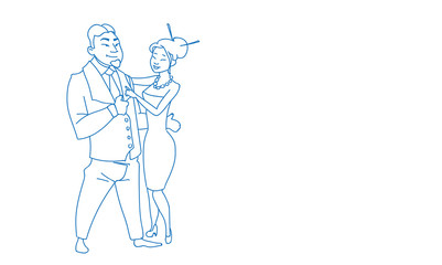 asian couple in love man woman lovers embrace sketch doodle horizontal vector illustration