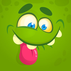 Funny cartoon monster face showing tongue. Vector Halloween monster avatar