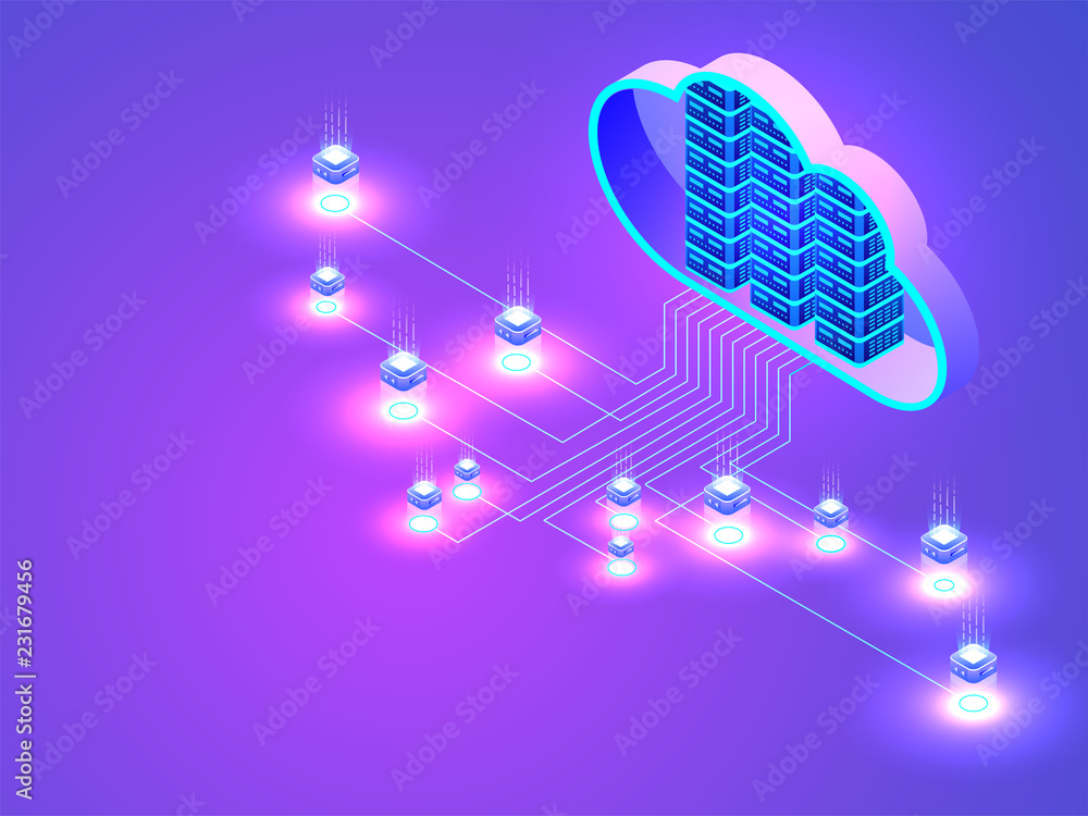 Poster isometric cloud server connected to data server on glossy purple background. data and technology con