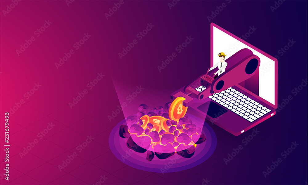 Poster crypto mining concept based isometric design, man working with robotic arm in laptop screen on gloss