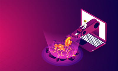 Crypto mining concept based isometric design, man working with robotic arm in laptop screen on glossy background.