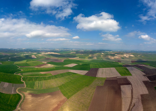 Aerial view of hilly agricultural fields
