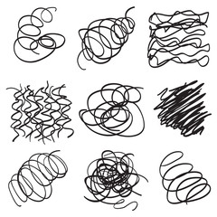 Backgrounds with array of lines. Intricate chaotic textures. Wavy backdrops. Hand drawn tangled patterns. Black and white illustration. Elements for posters and flyers