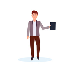 businessman holding folder standing pose happy man office worker male cartoon character full length isolated flat vector illustration