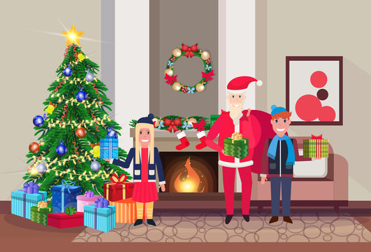 merry christmas happy new year snata claus with children in living room pine tree fireplace home interior decoration winter holiday concept flat horizontal vector illustration